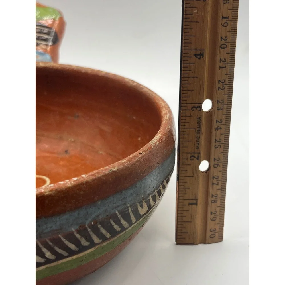 Vintage HECHO EN MEXICO Redware Pottery‎ Serving Bowl Hand-made Painted